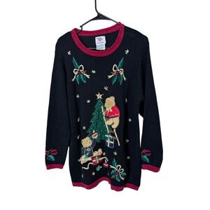 Nutcracker Black Christmas Sweater Teddy Bears Decorating Tree Holiday Knit M